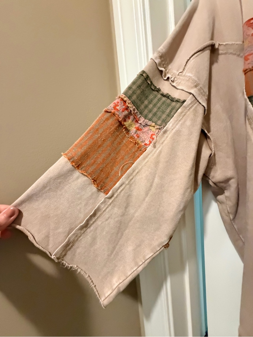 easel Women's Patchwork Hoodie in Beige with Olive and Rust Accents - Picture 2 of 6